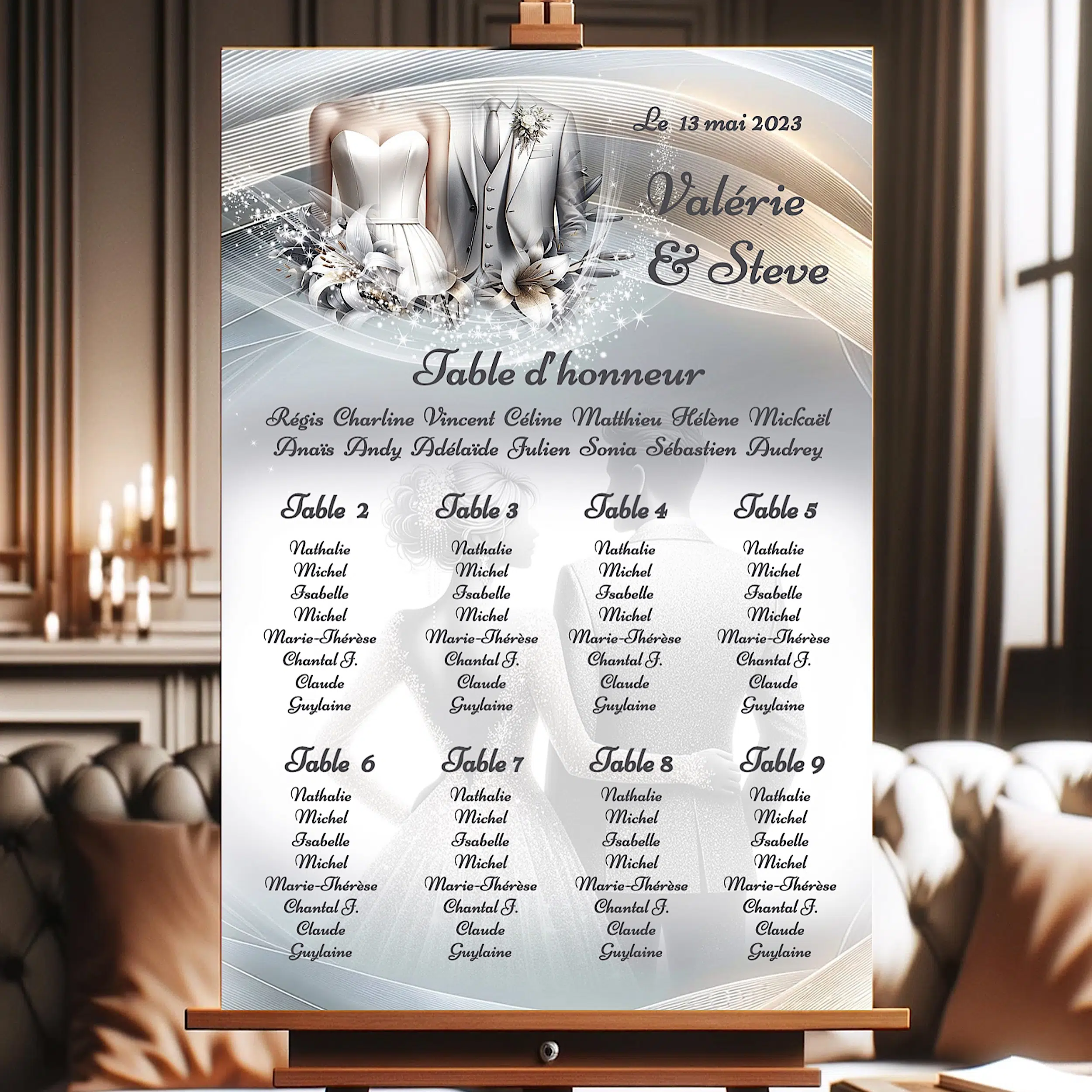 N°221.8 - Plan de table Noces Raffinée en Argent touche d'or