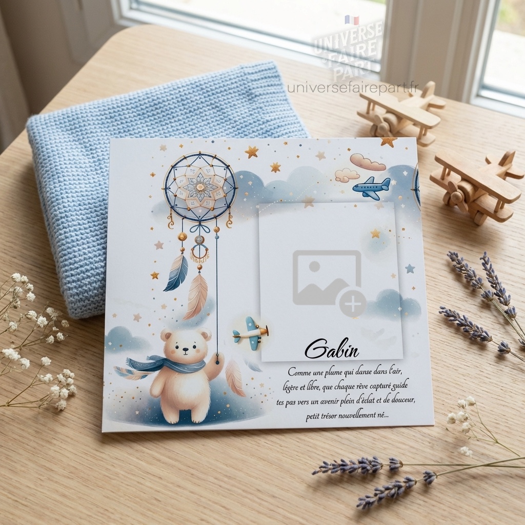 N°381-Faire-part  Petit Ourson attrape-rêve et plume cerf-volant