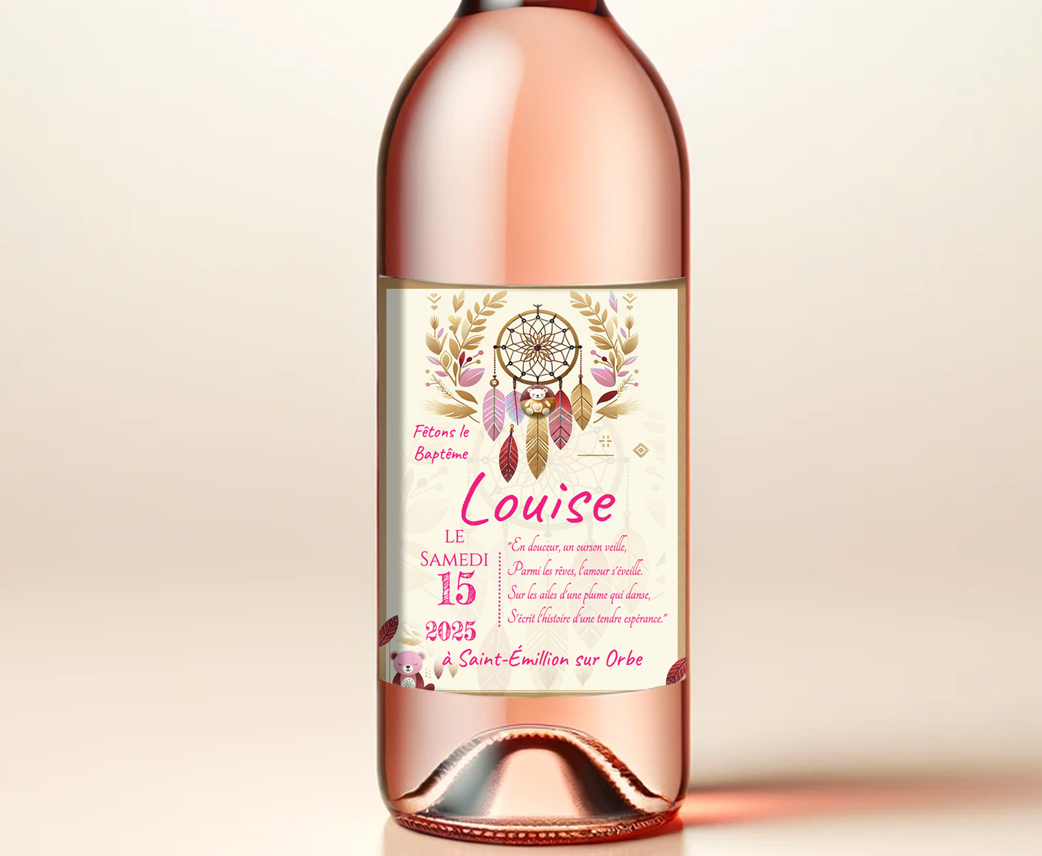 N°543.3 - Étiquette bouteille Doux Rêves d'Ourson plumes