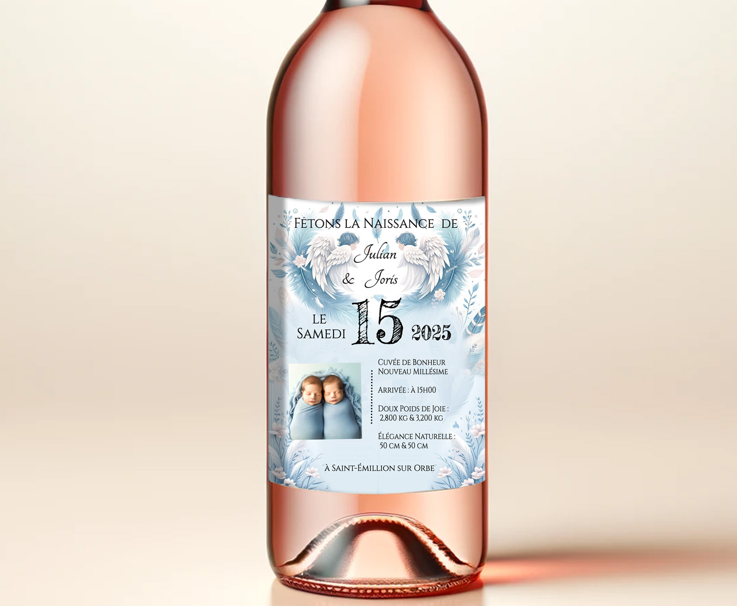 N°59.2 - Étiquettes bouteille ange, Naissance de jumeaux Garçons