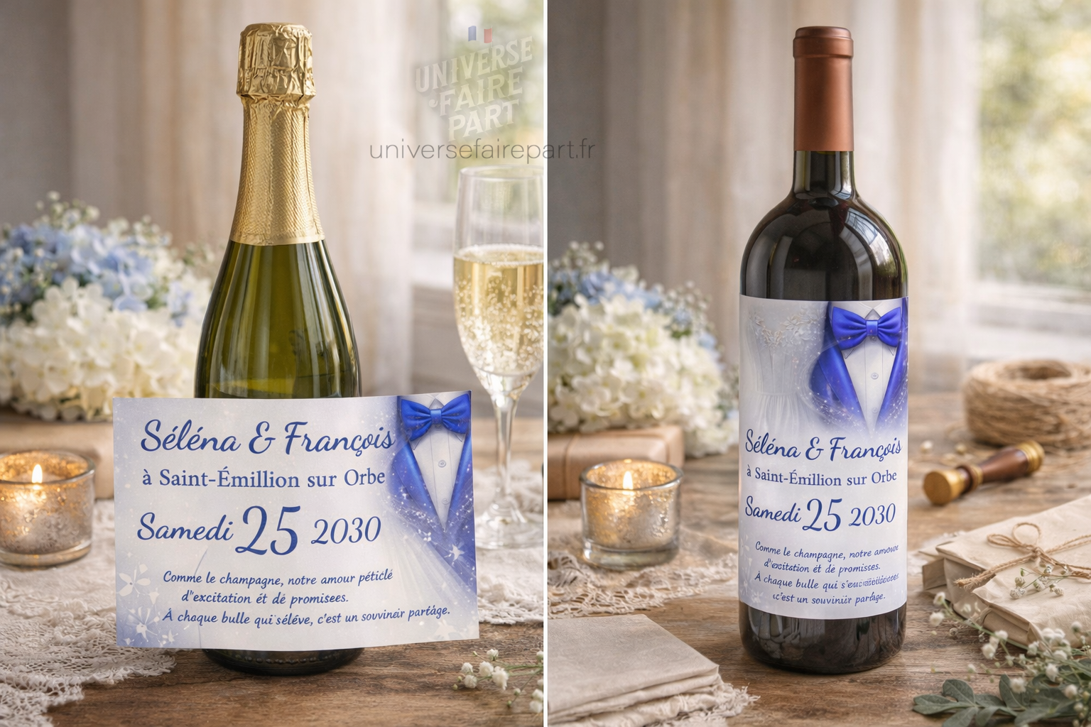 N°219.5 -Étiquette bouteille Fusion des Cœurs en bleu roi