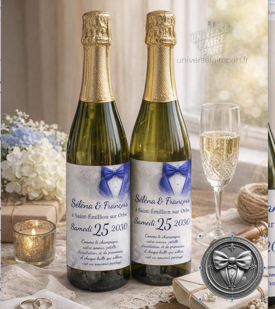 N°219.5 -Étiquette bouteille Fusion des Cœurs en bleu roi