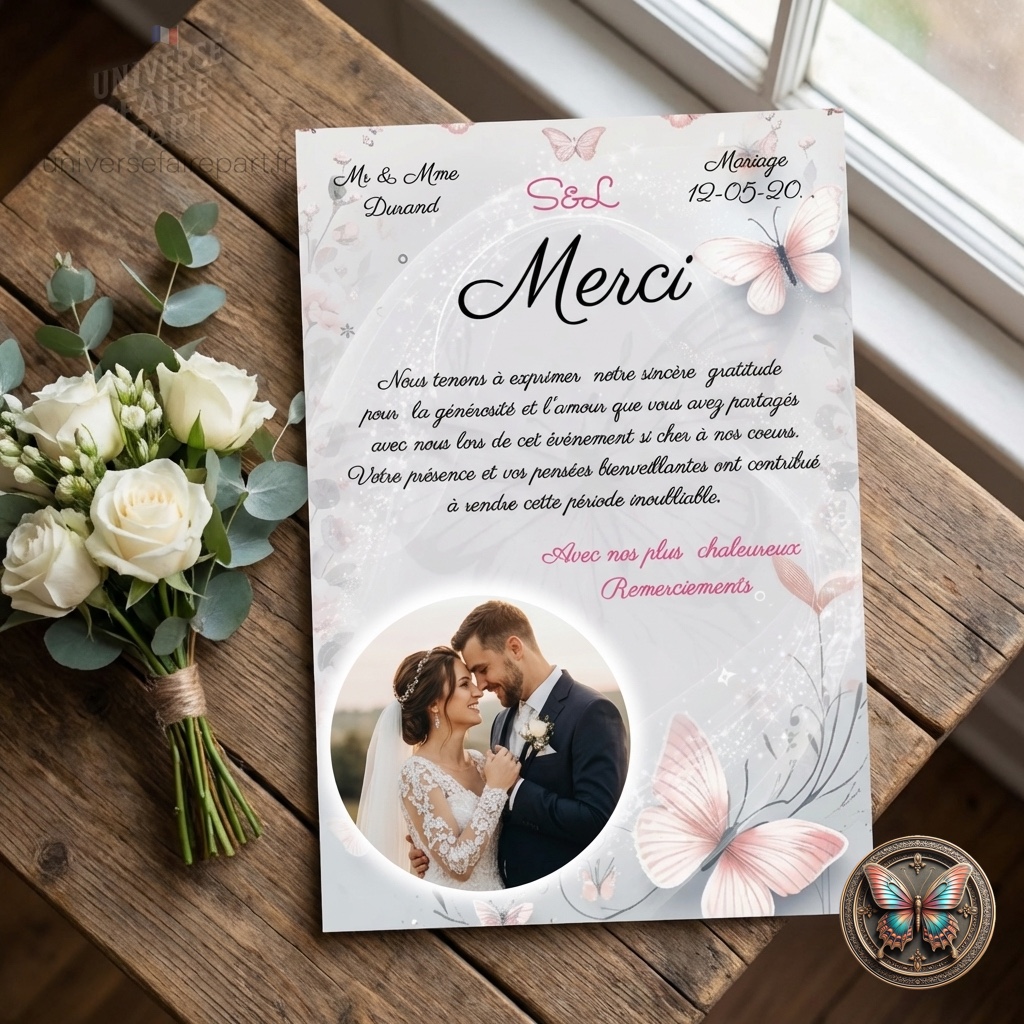 N°266.3 – Carte remerciement Vol de Bonheur Papillons Roses