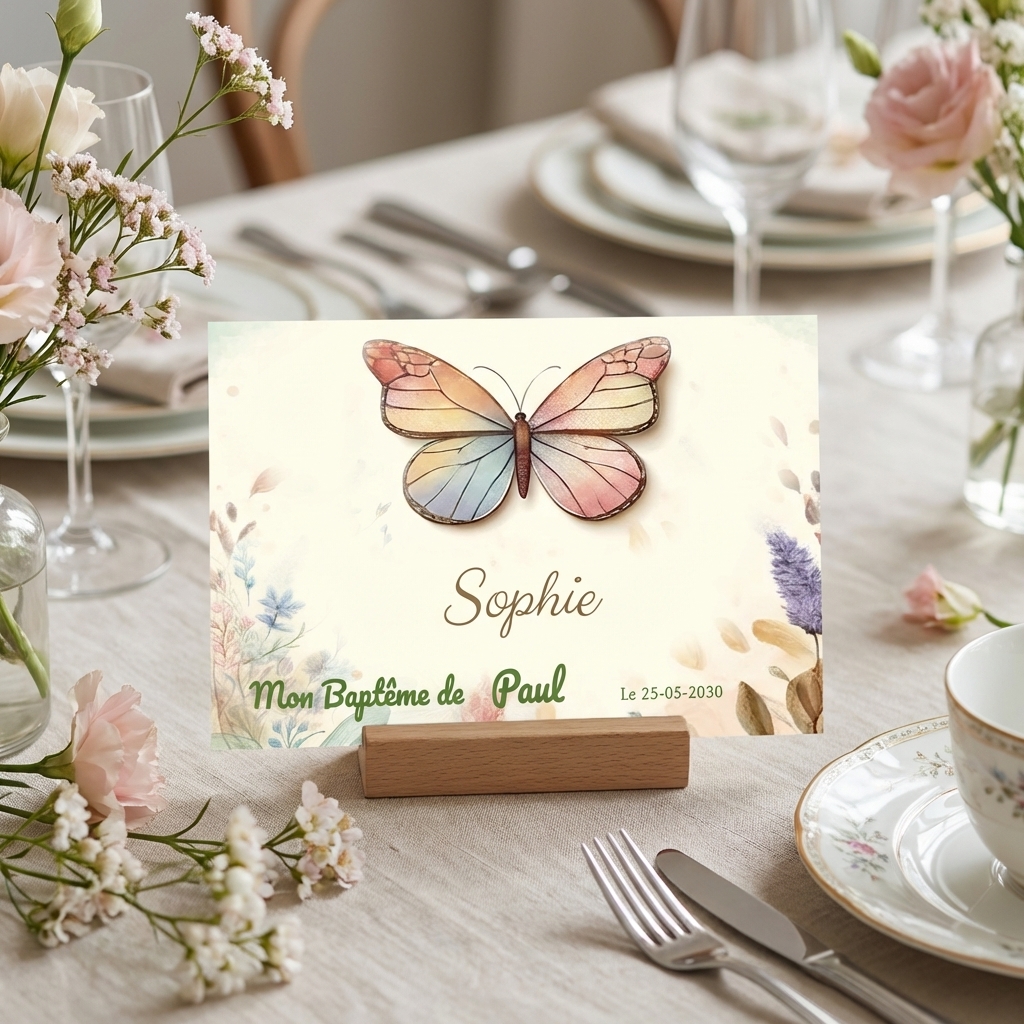 N°210.2 â Porte nom Petit Miracle Printanier avec papillons bleus