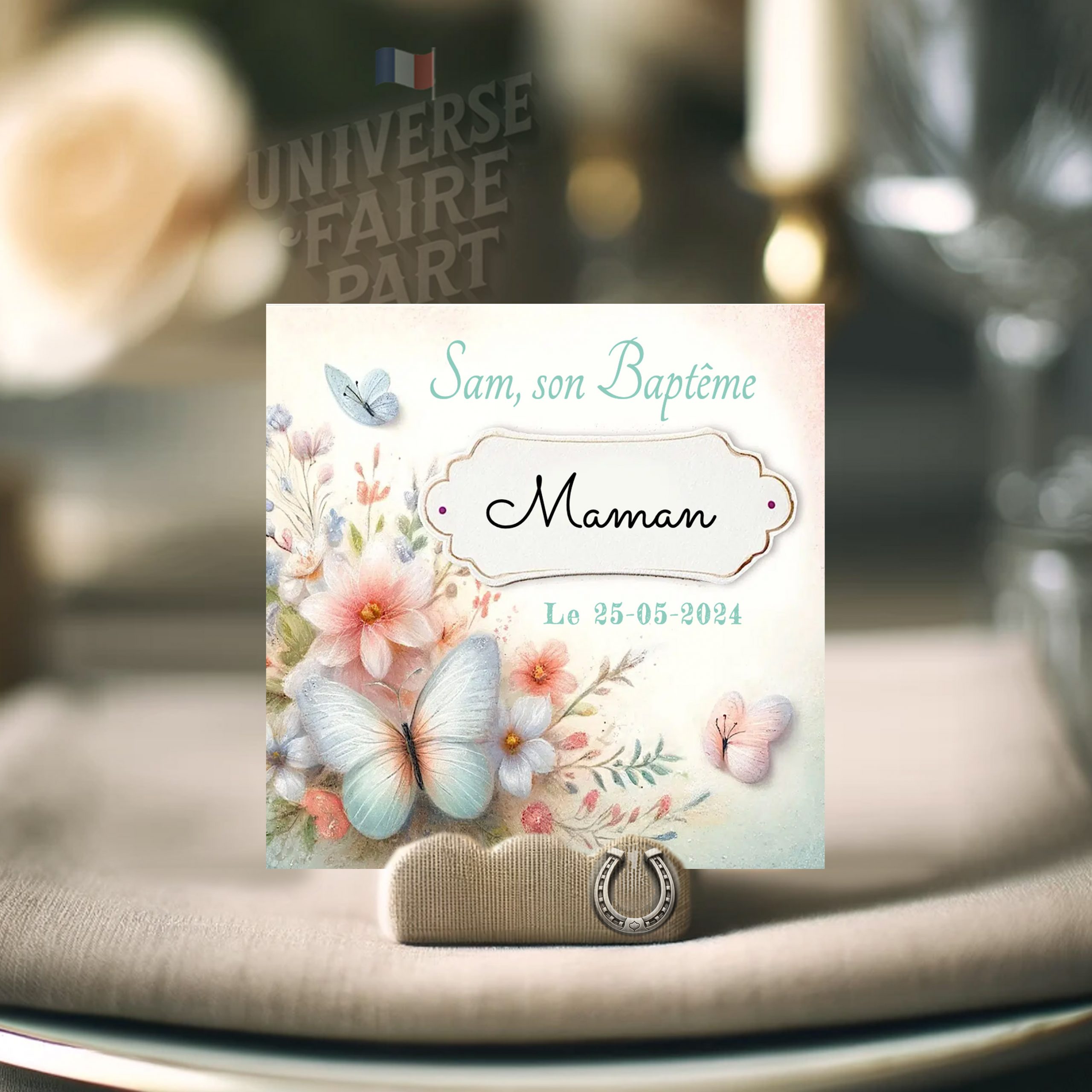 N°210.2 – Porte nom Petit Miracle Printanier avec papillons bleus