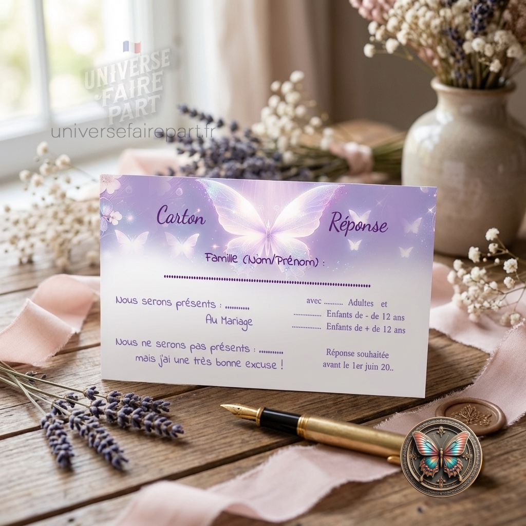 N°39.2 – Carton réponse mariage papillons Éclat Enchantés