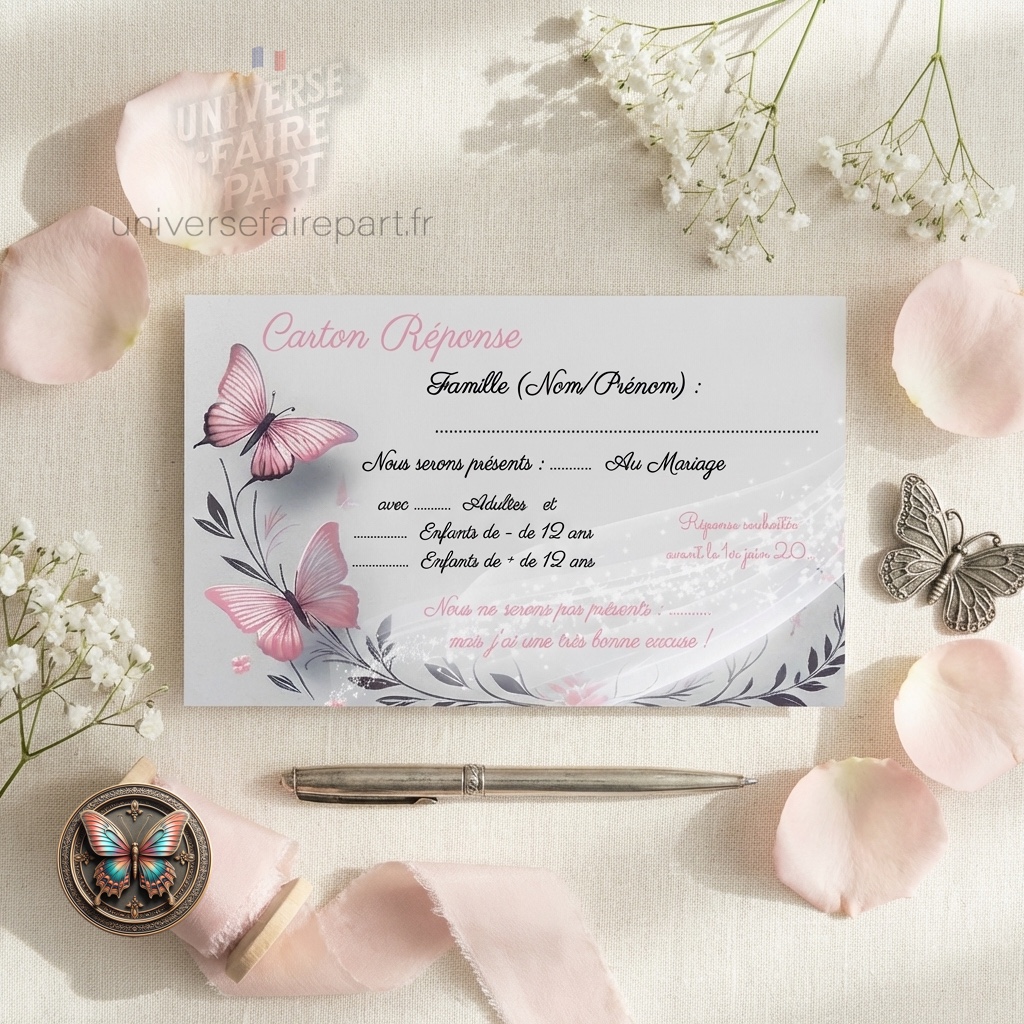 N°266.2 – Carton réponse Vol de Bonheur Papillons Roses