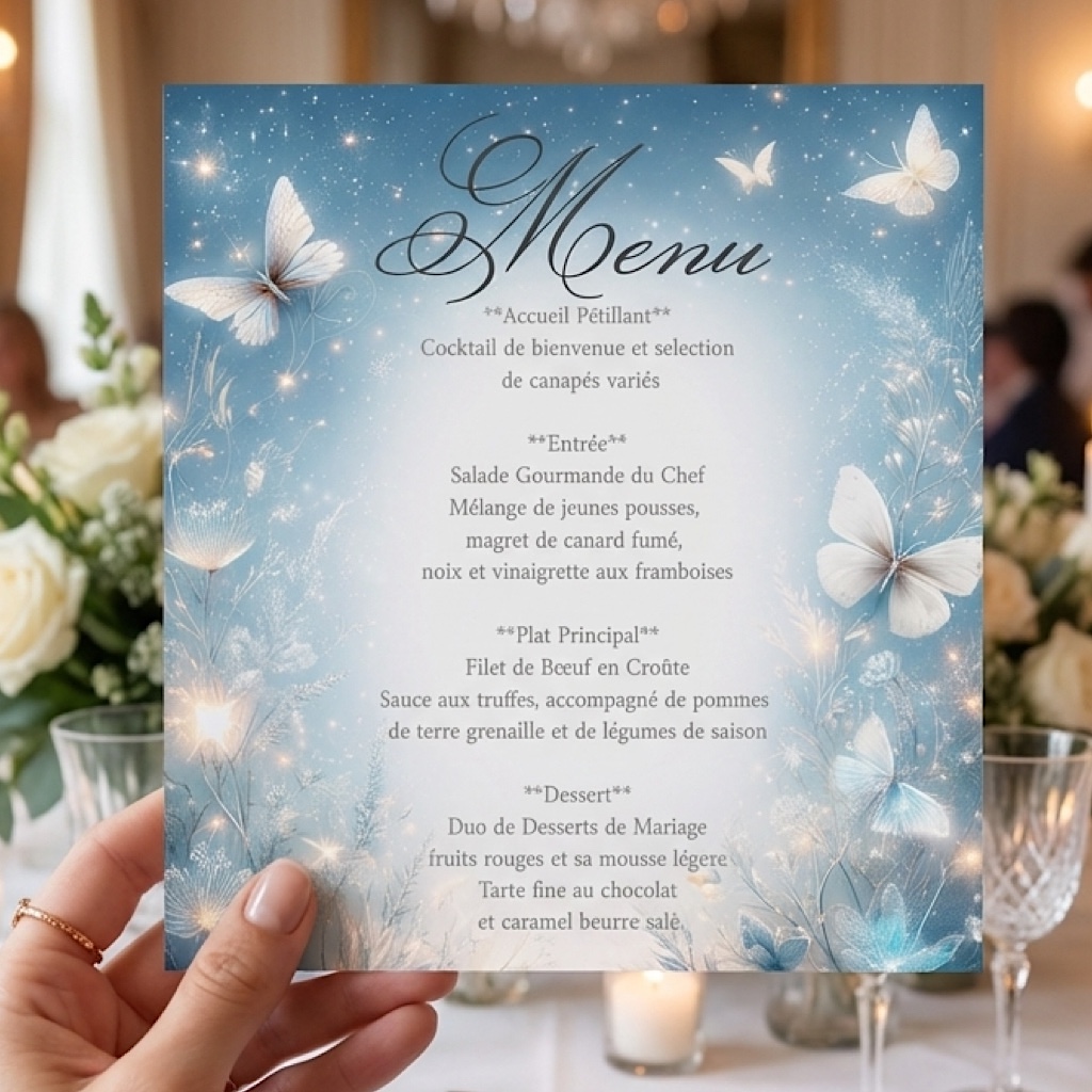 N°211.4 – Menu mariage Romance Papillons bleu