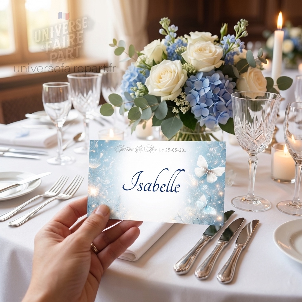 N°211.3 – Porte nom mariage Romance Papillons bleu
