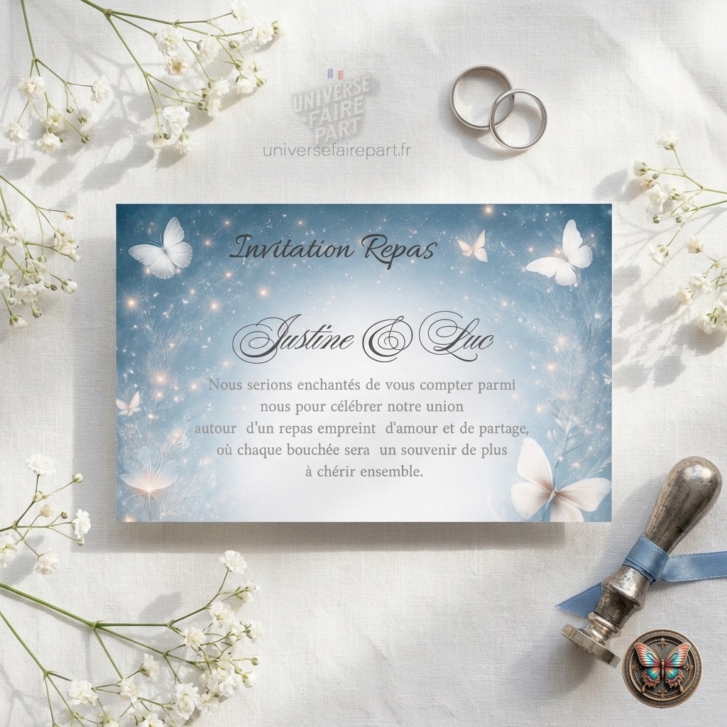 N°211.1 – Carton repas mariage Romance Papillons bleu