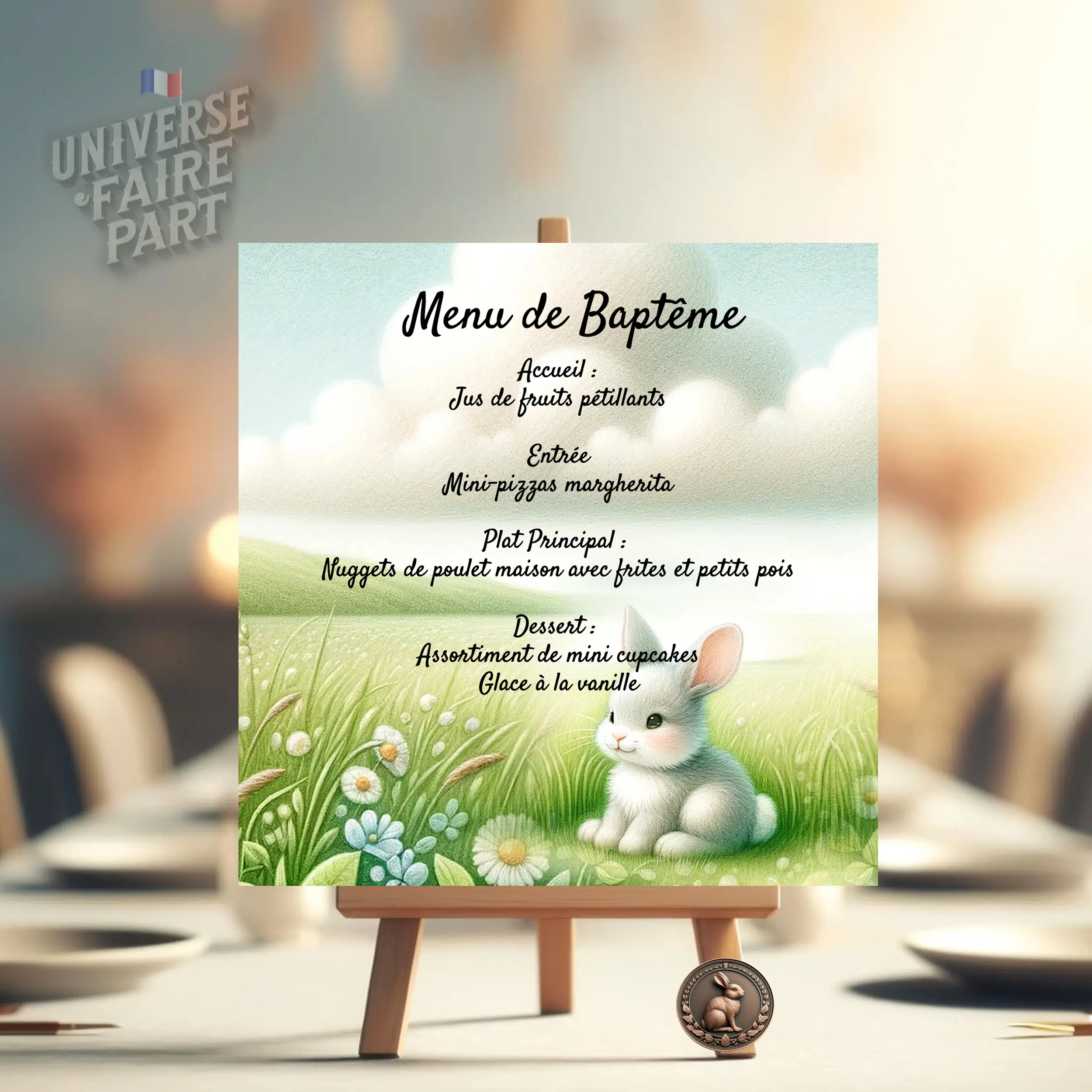 N°117.3 – Menu nom Petit lapin vert d’eau pastel fleuri