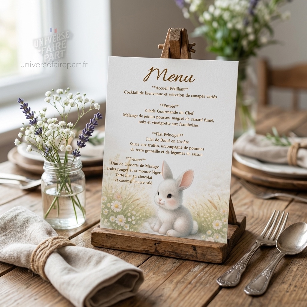 N°117.3 –  Menu Petit lapin vert d’eau pastel fleuri