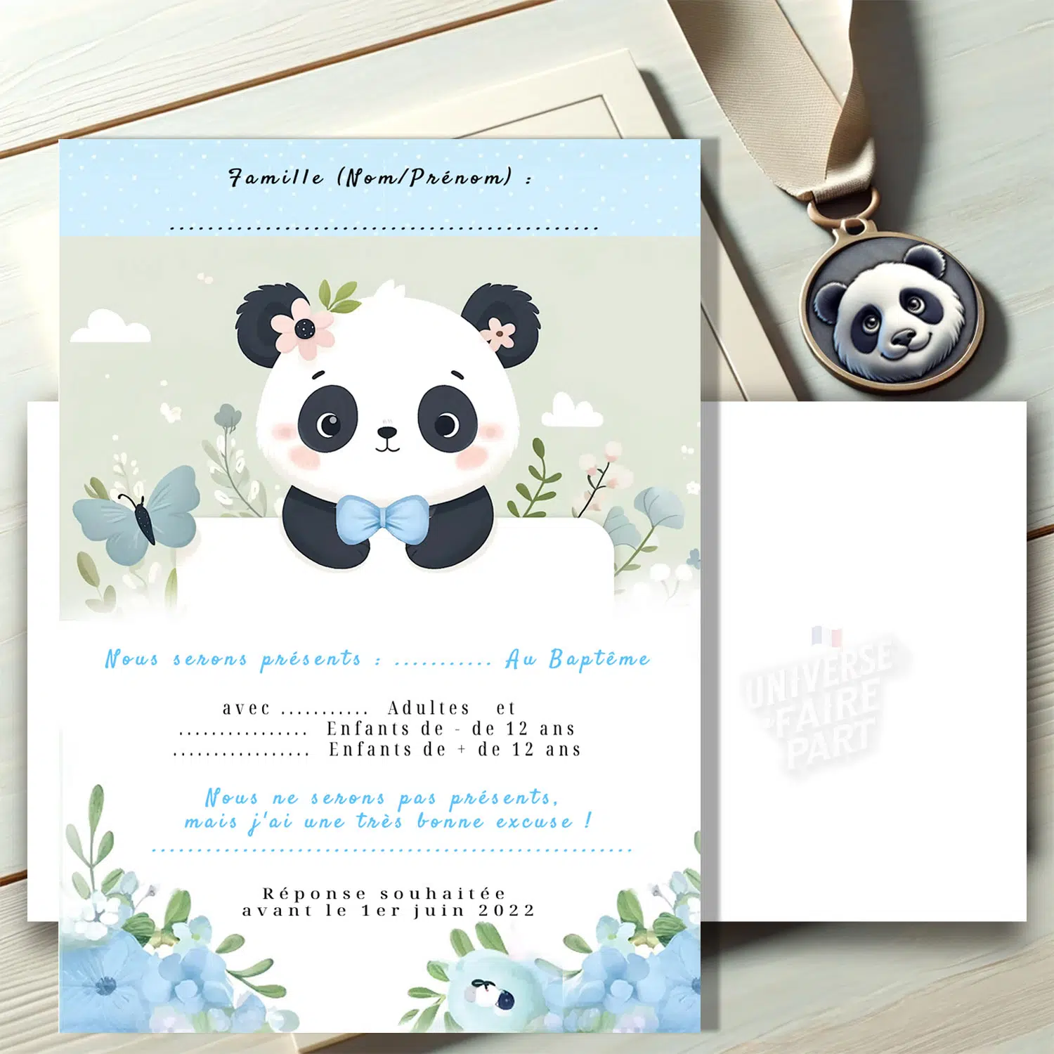 N°146.2 - Carton réponse Thème Panda Garçon