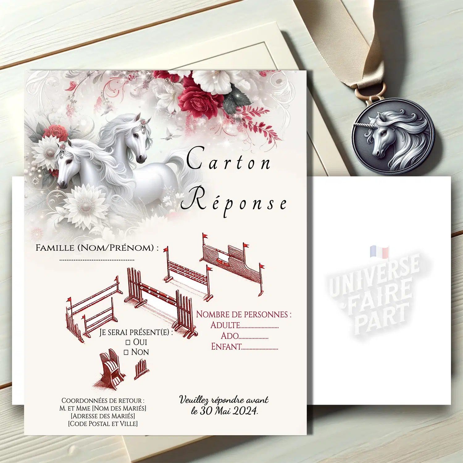 N°254.2 – Carton réponse Mariage Éclat Équestre rouge et blanc