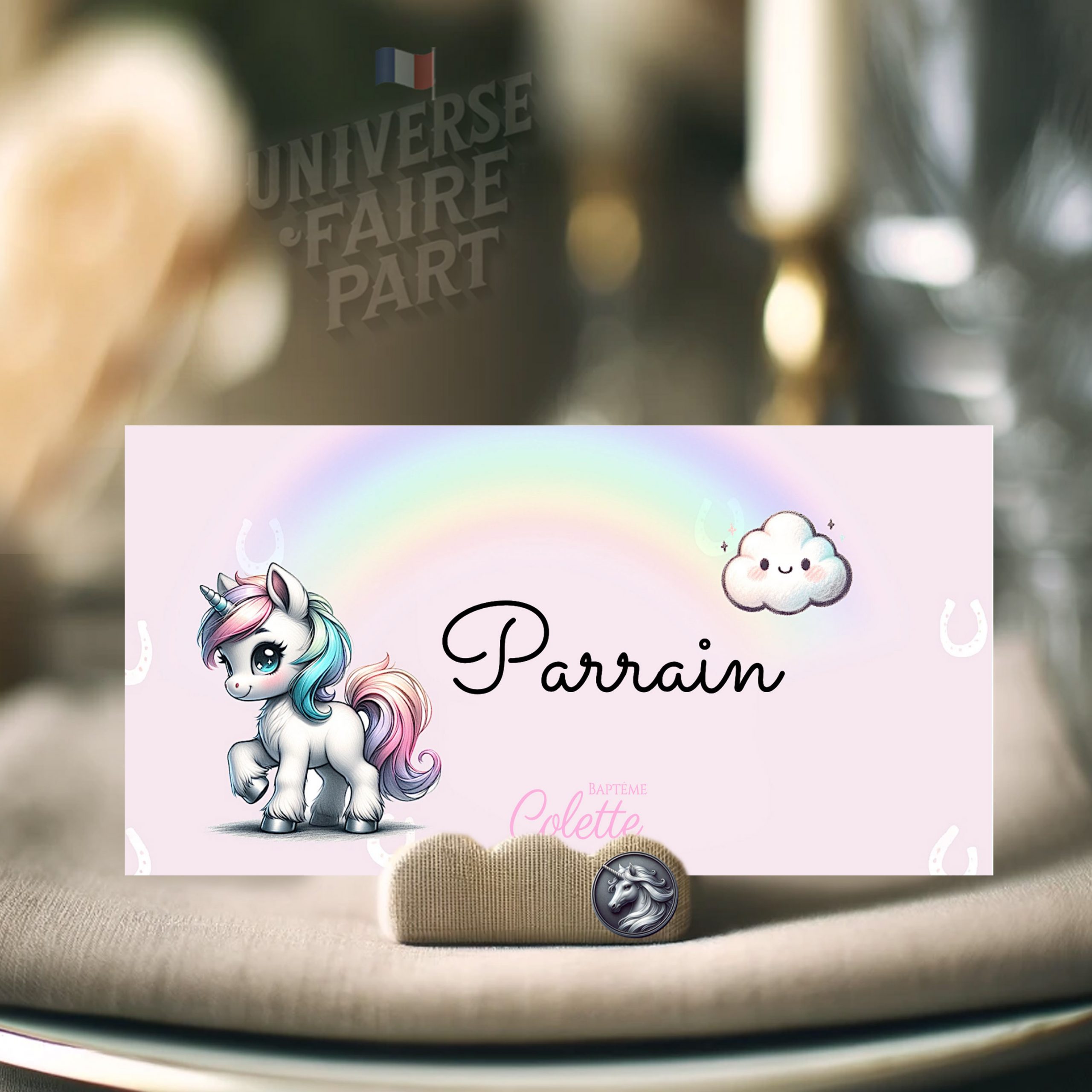 N°296.1- Porte nom Licorne baby arc en ciel