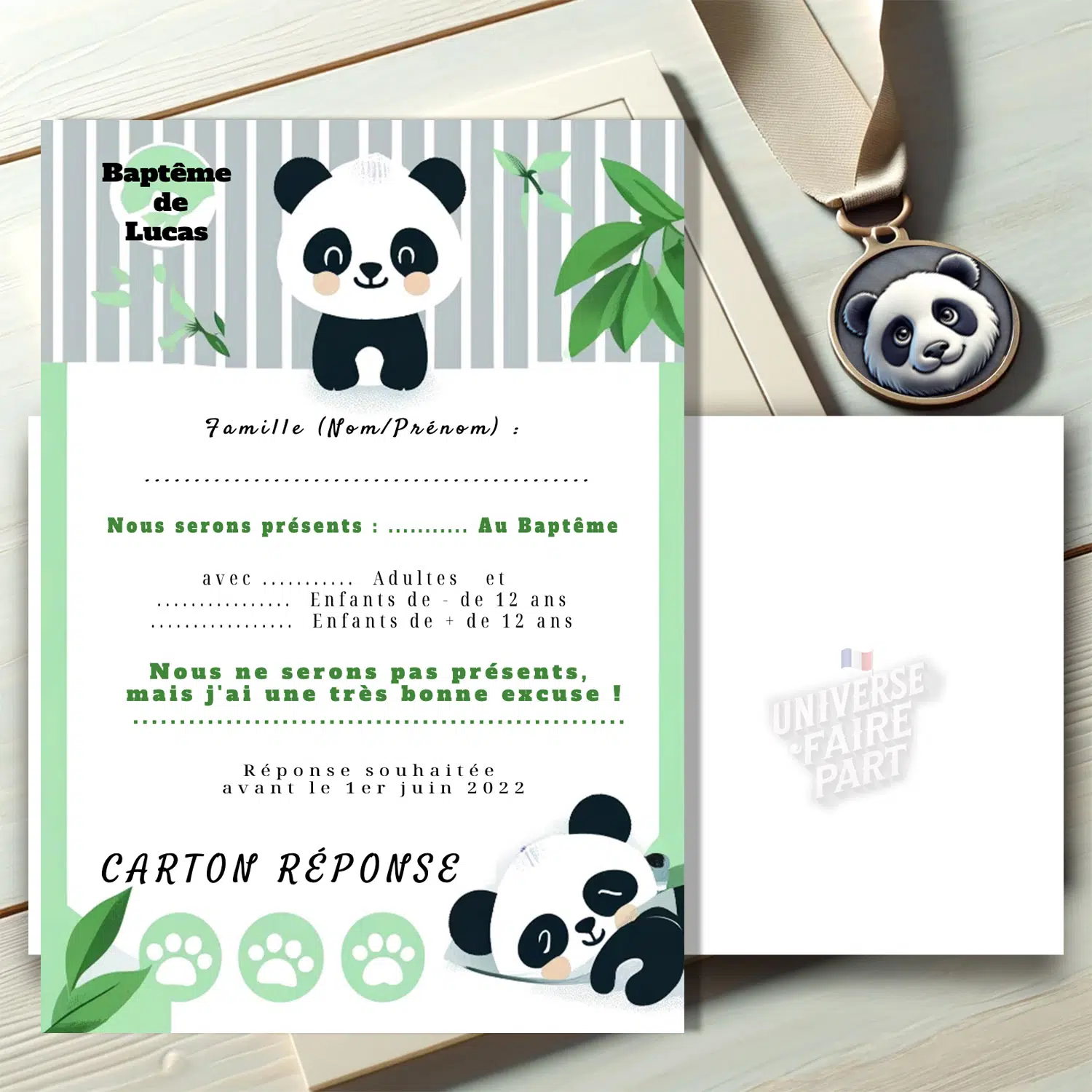N°302.2 - carton réponse Panda bambou bébé