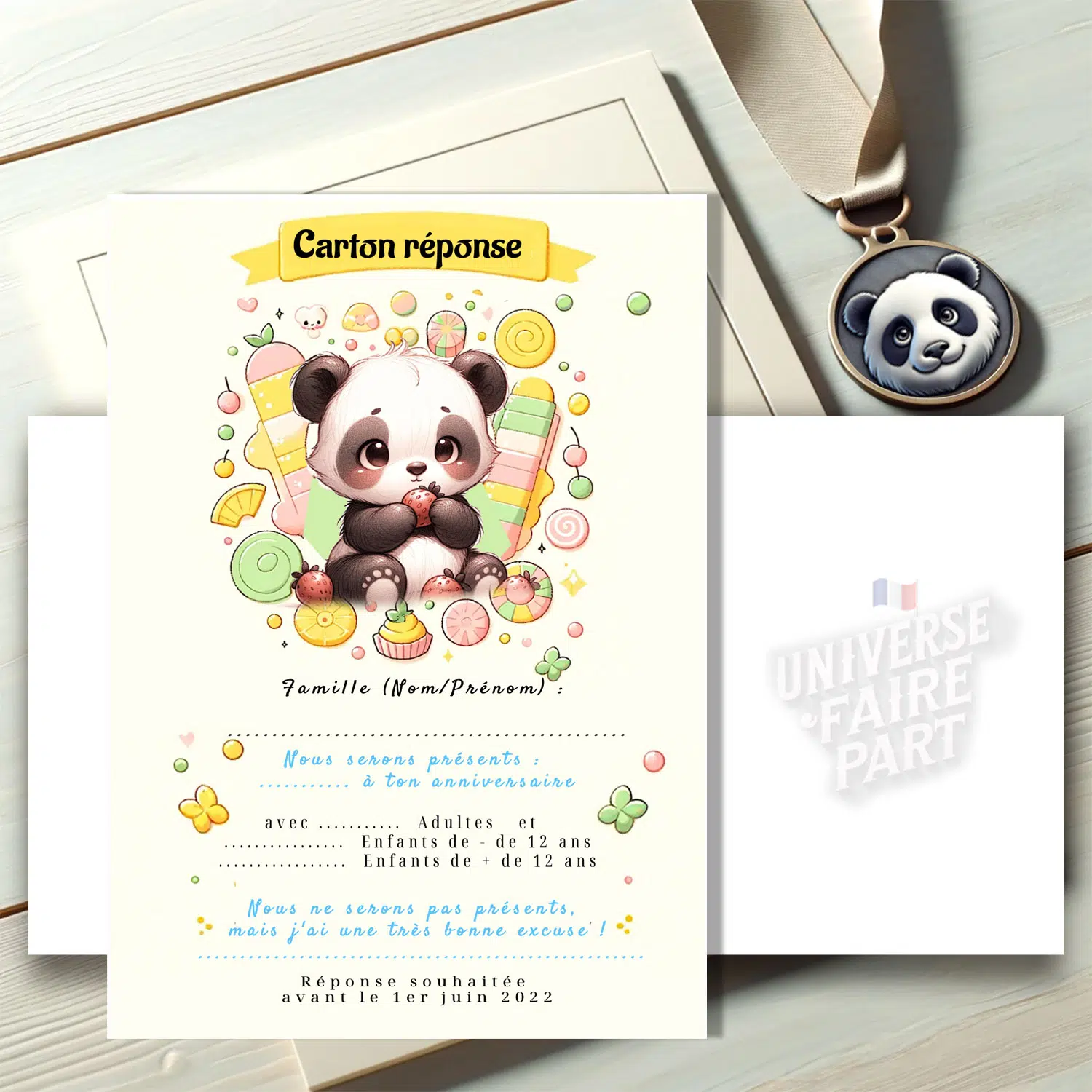 N°314.1- Carton réponse Petit Panda gourmand anniversaire ou Baptême