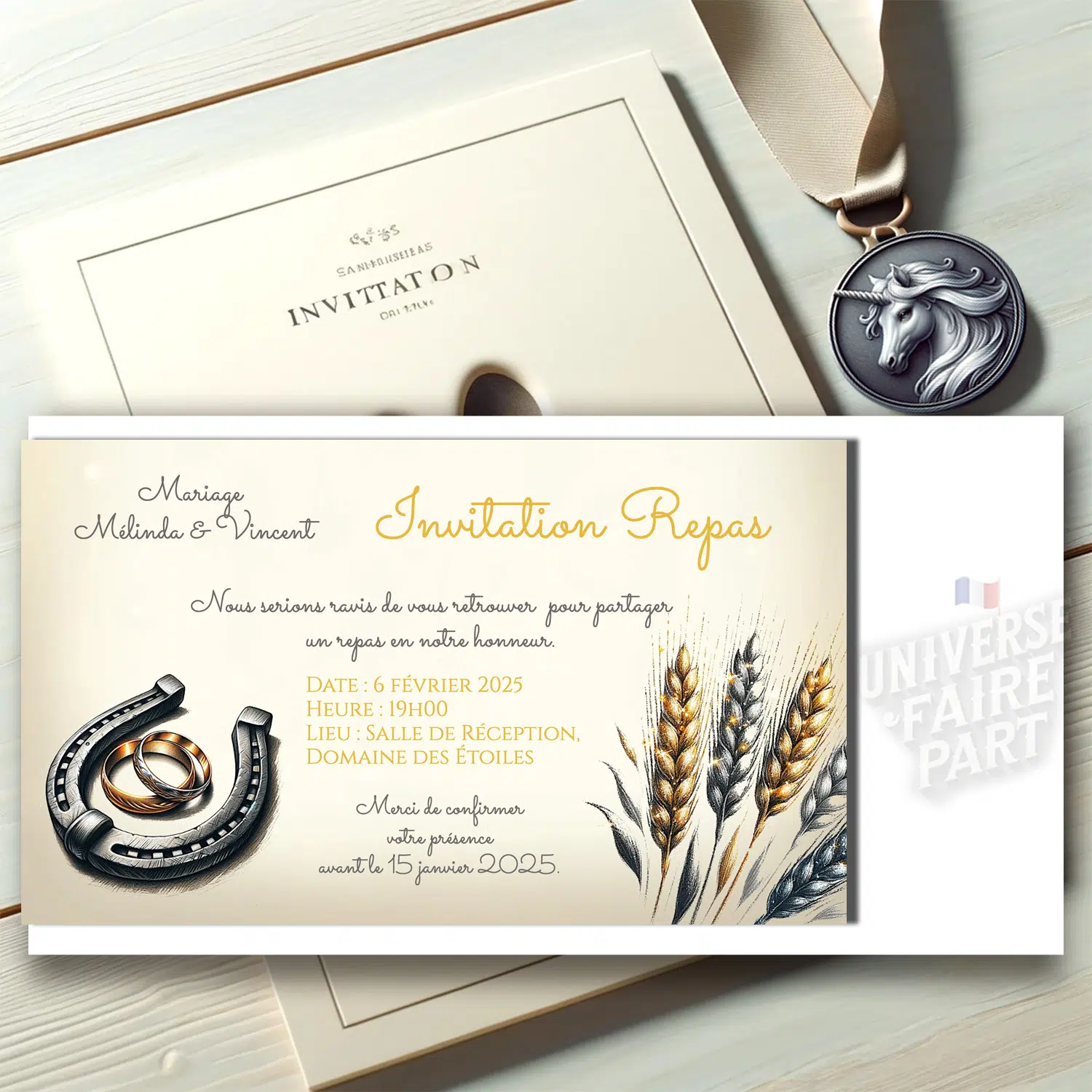 N°383.1 - Carton repas invitation cheval fer à cheval mariage