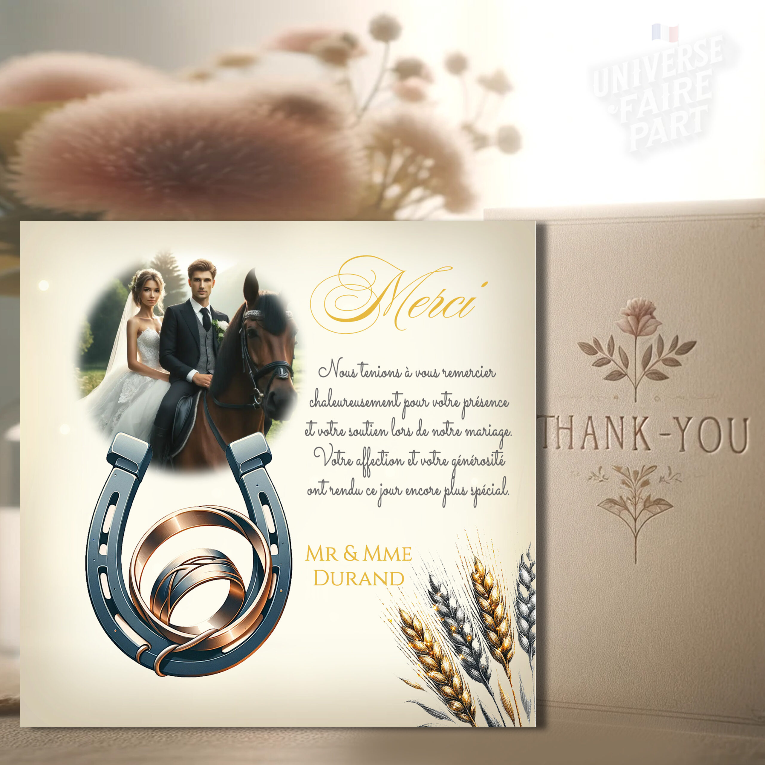 N°383.3 - Carte remerciement cheval fer à cheval mariage