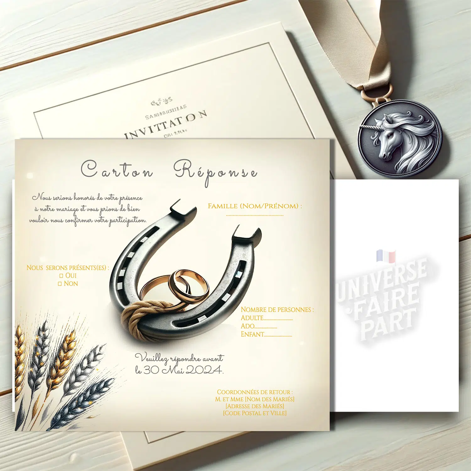 N°383.2 - Carton réponse cheval fer à cheval mariage