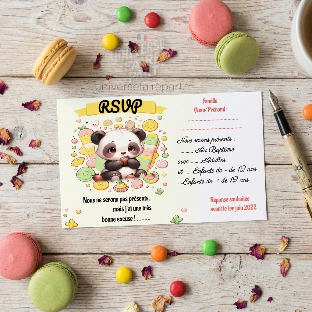 N°314.1- Carton réponse Petit Panda gourmand anniversaire ou Baptême