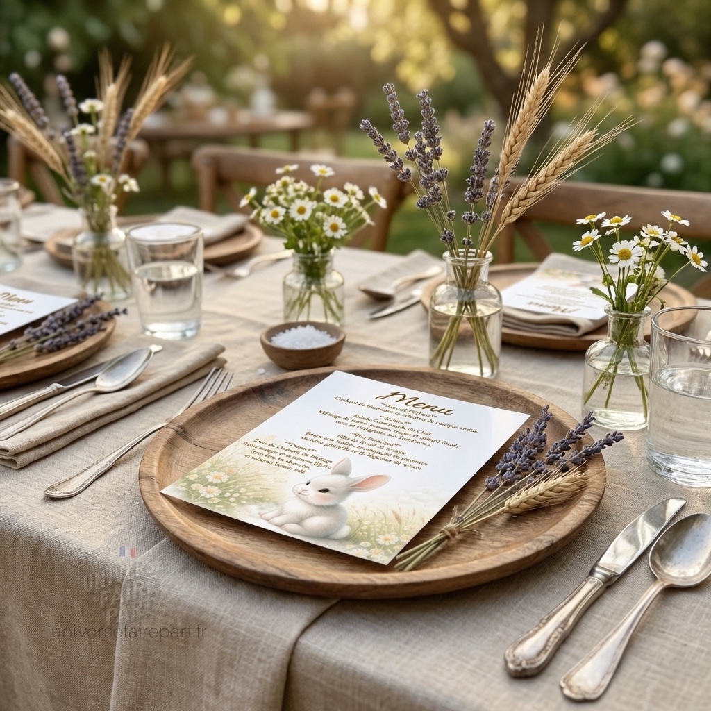 N°117.3 –  Menu Petit lapin vert d’eau pastel fleuri