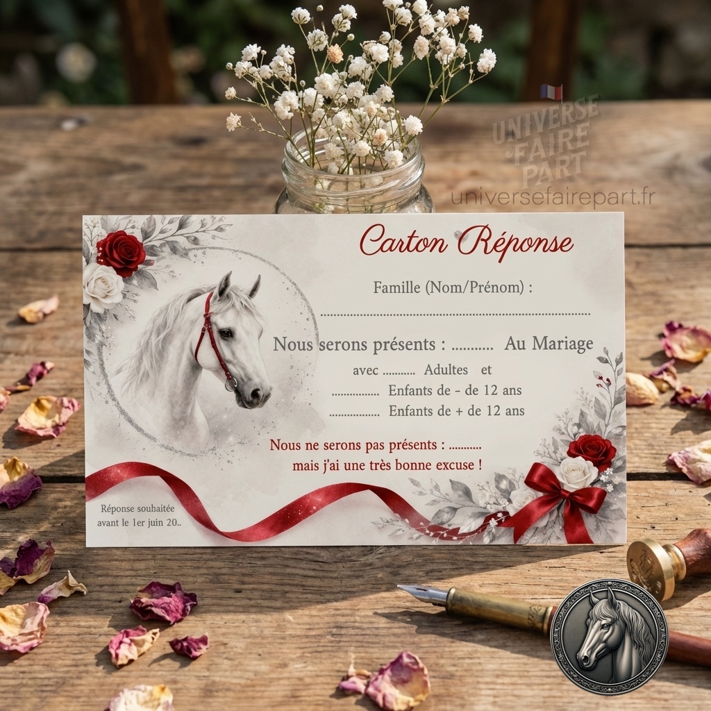 N°254.2 – Carton réponse Mariage Éclat Équestre rouge et blanc