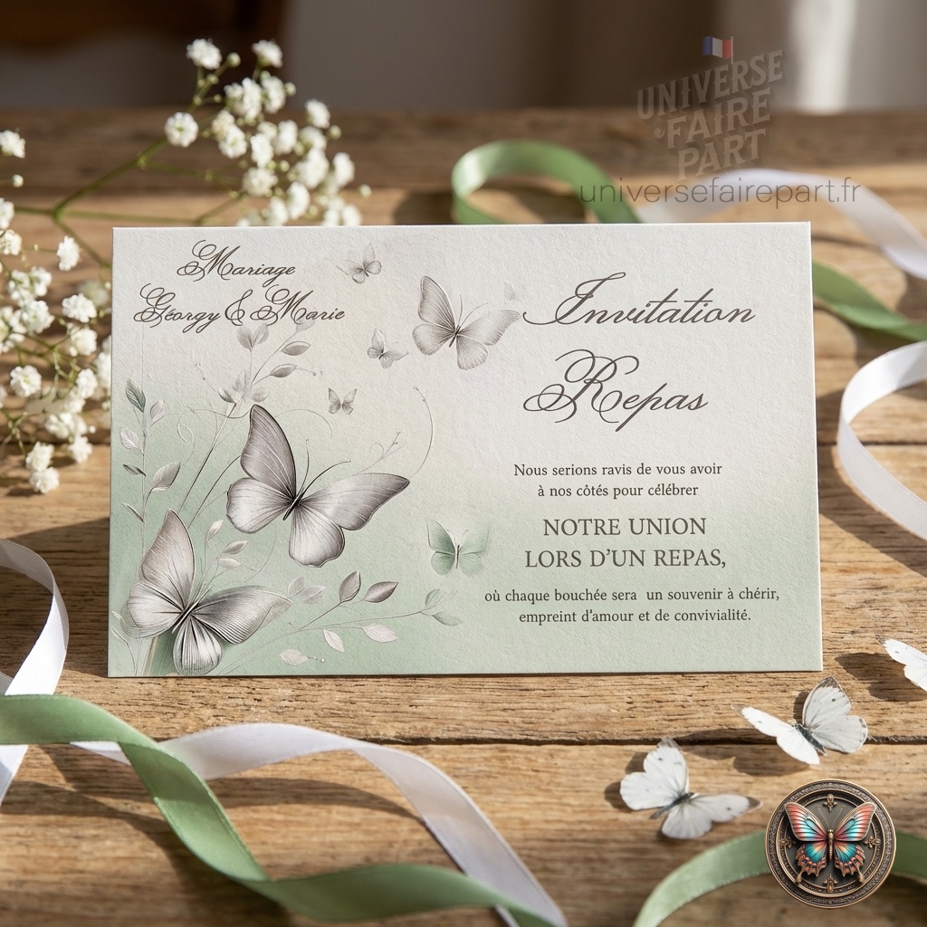 N°265.1- Carton repas Papillons douceur vert pastel mariage