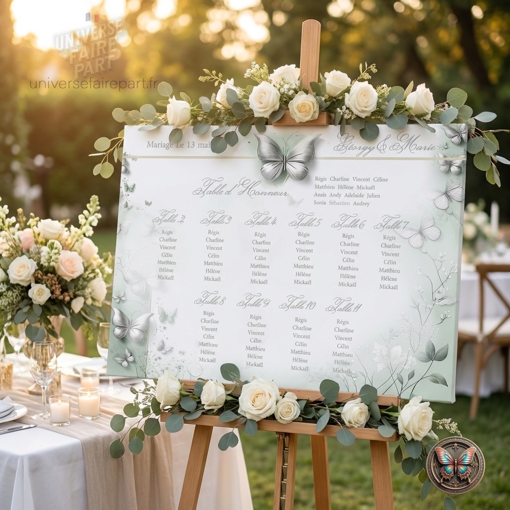 N°265.4 – Plan de table MARIAGE Papillons Douceur Vert Pastel
