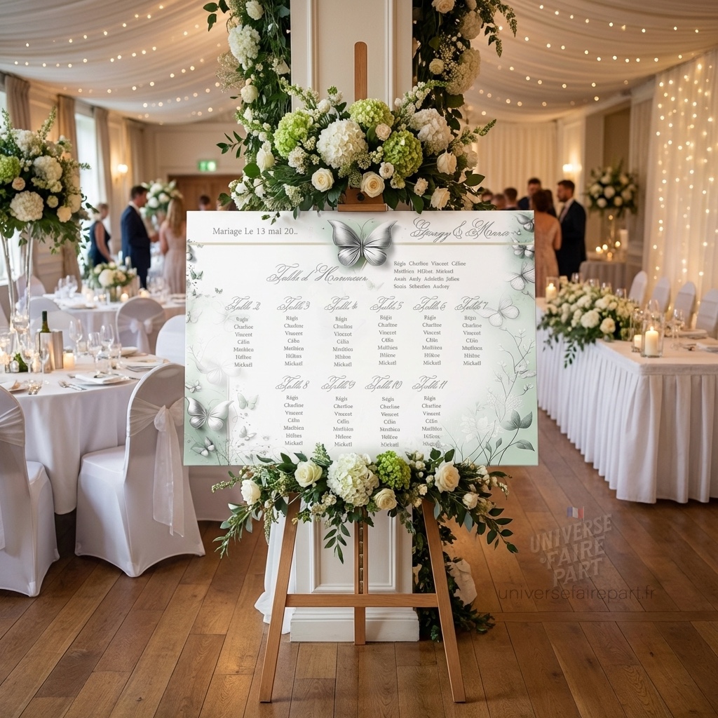 N°265.4 – Plan de table MARIAGE Papillons Douceur Vert Pastel