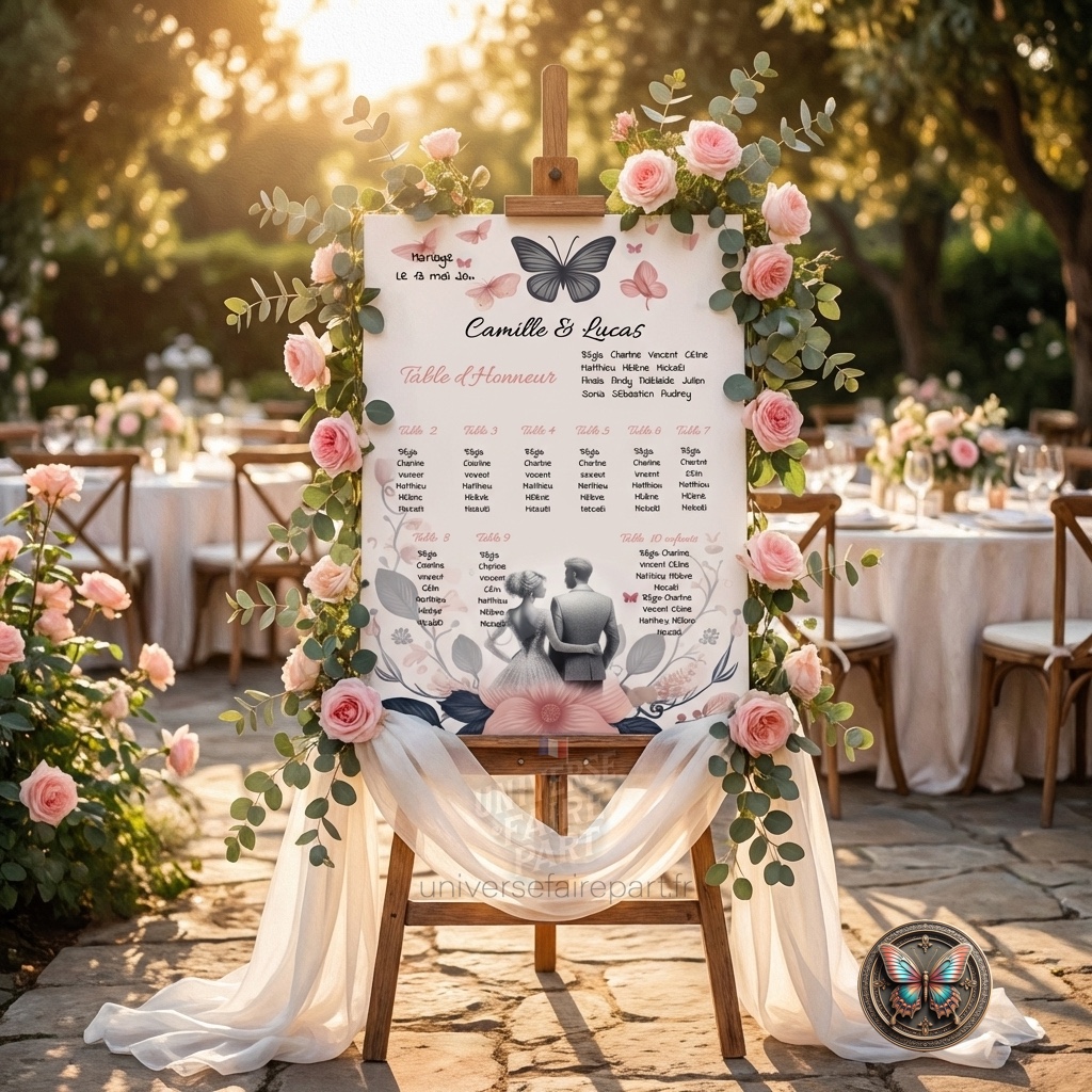 N°373.4- Plan de table mariage Vol Nuptial en Jardin Fleuri
