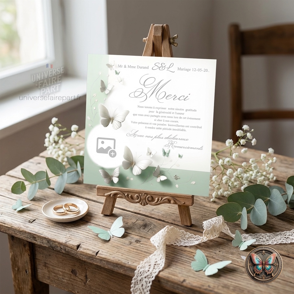 N°265.3 – Carte remerciement mariage Papillons Douceur Vert Pastel