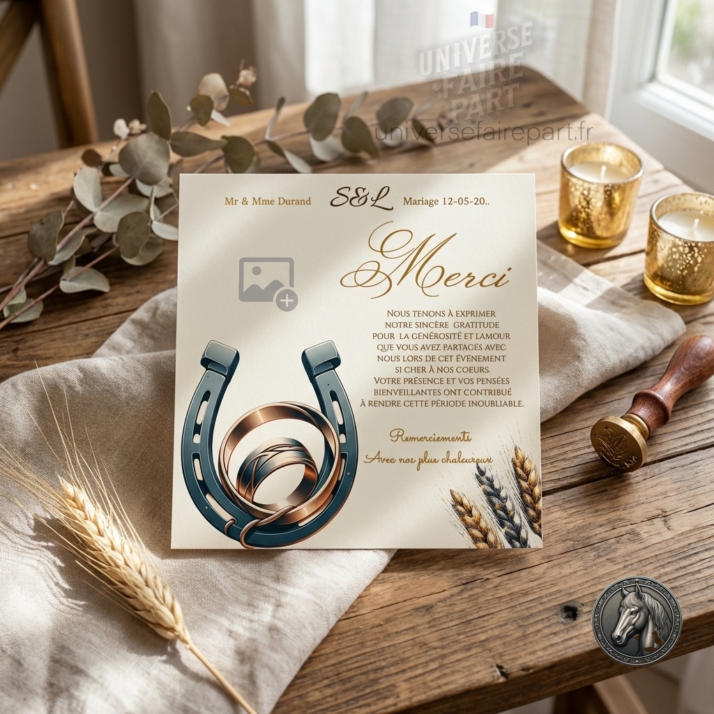 N°383.3 – Carte remerciement cheval fer à cheval mariage