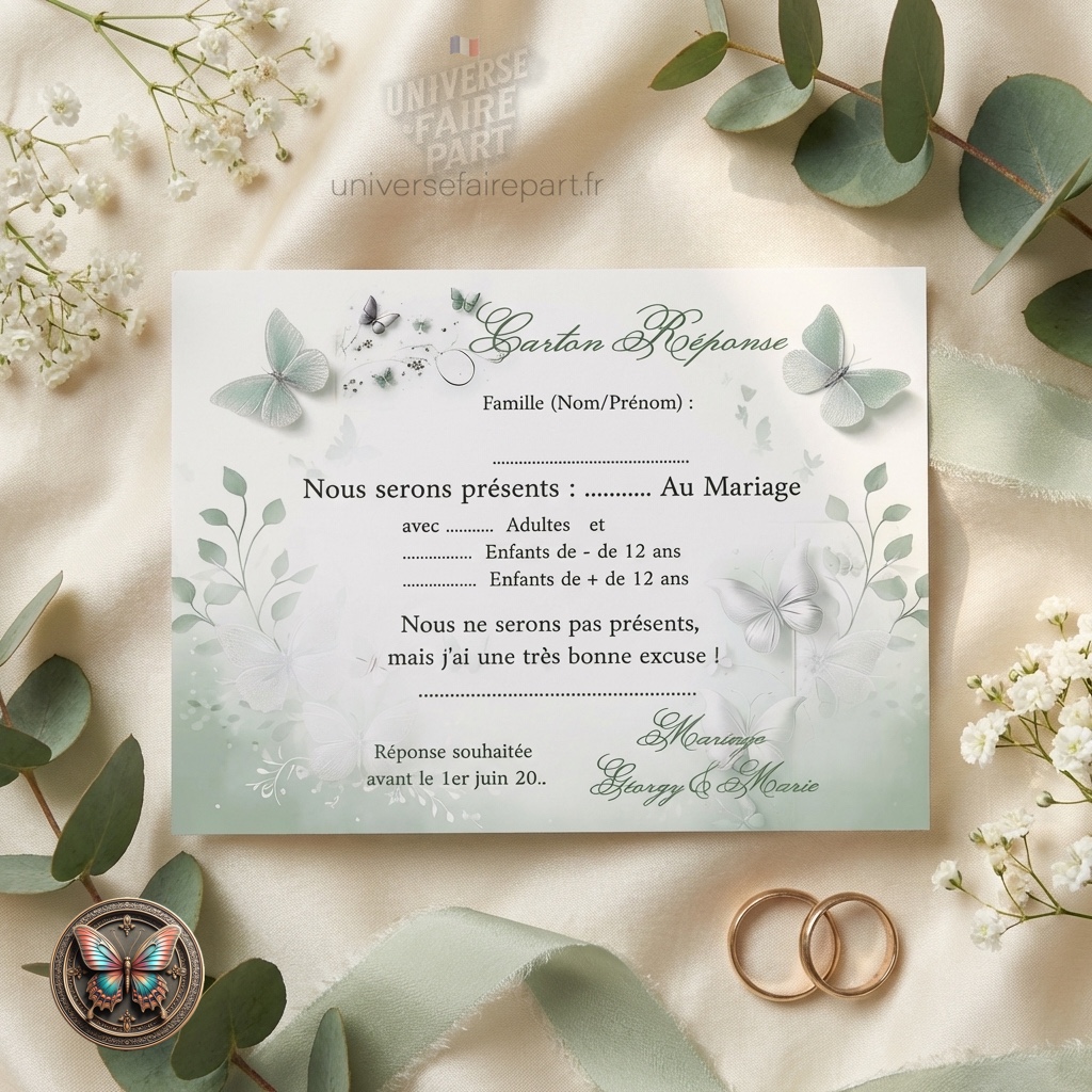 N°265.2- Carton réponse Papillons douceur vert pastel mariage