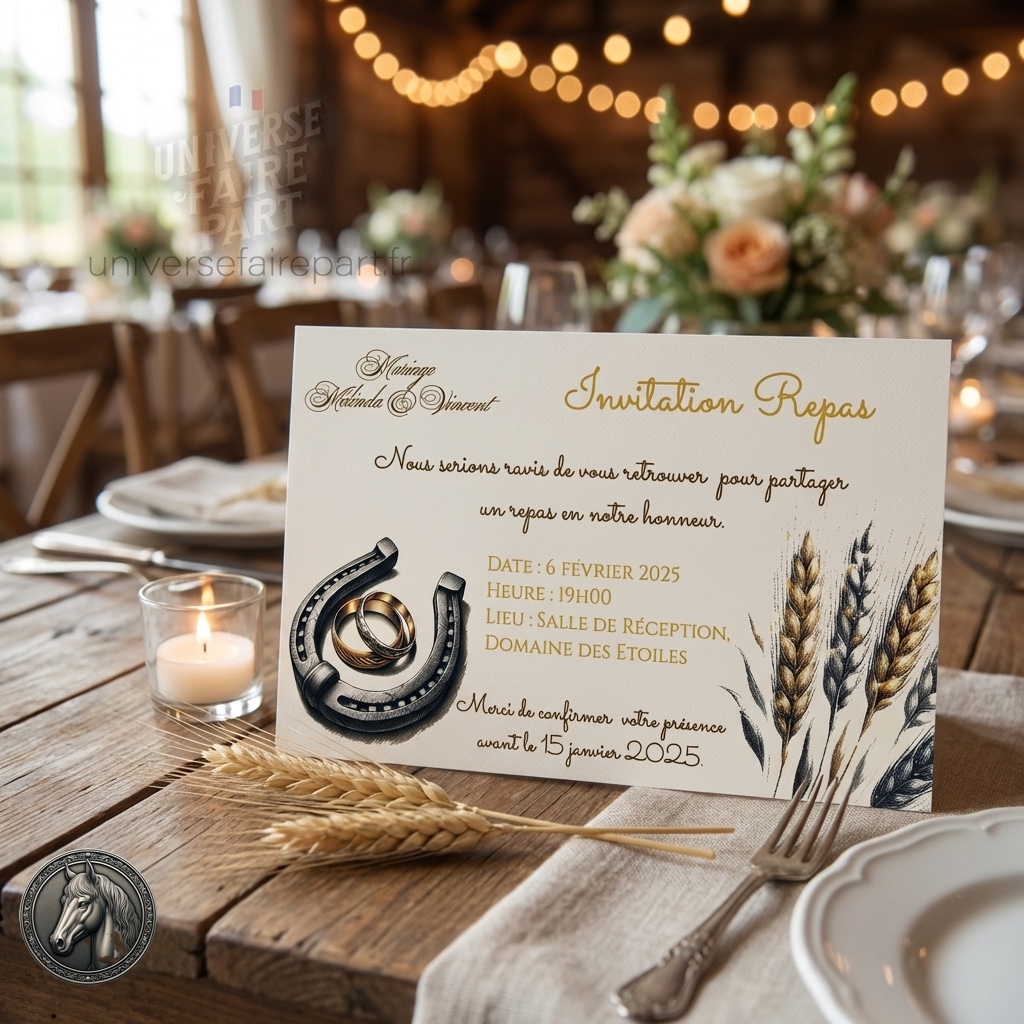 N°383.1 – Carton repas mariage invitation cheval fer à cheval