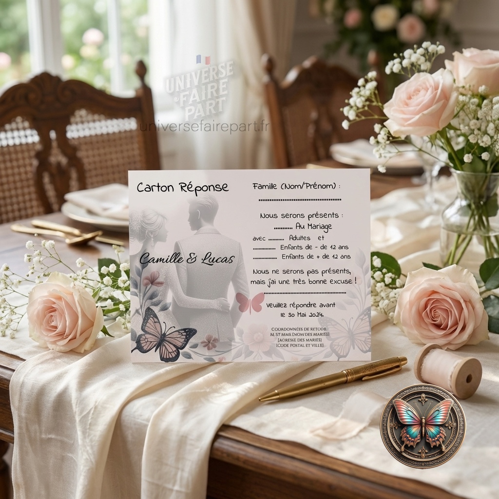 N°373.2- Carton réponse mariage Vol Nuptial en Jardin Fleuri