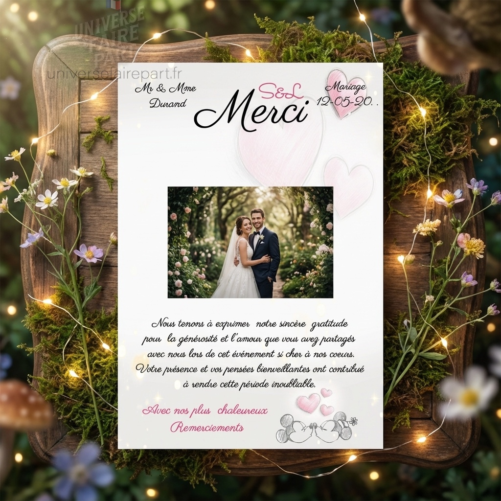 n°103.2 – Carte remerciement de mariage romantique mickey et minnie