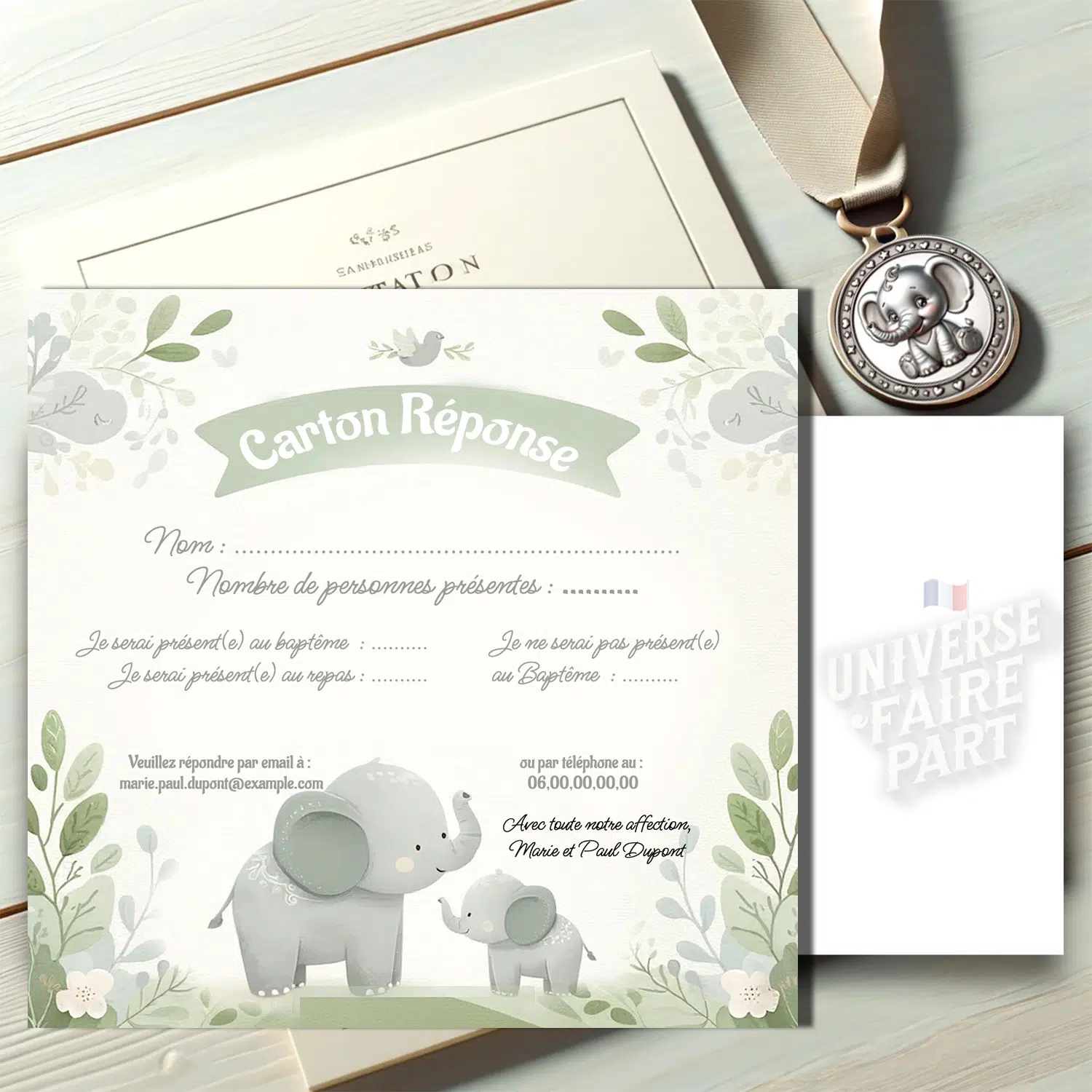 N°110.2 - Carton réponse vert pastel Tendre Baptême bébé éléphant