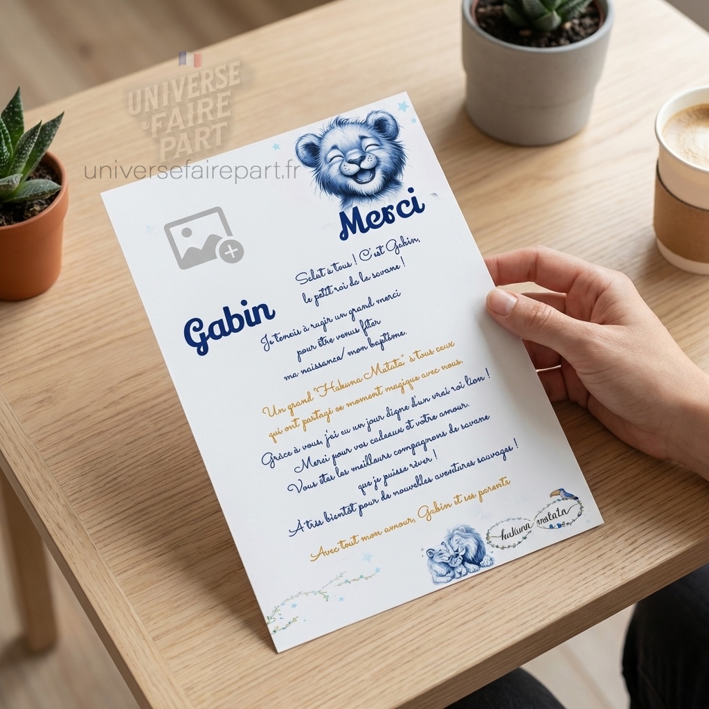 N°534.2- Carte remerciement original Roi Lion crayonné en bleu  pour naissance ou Baptême