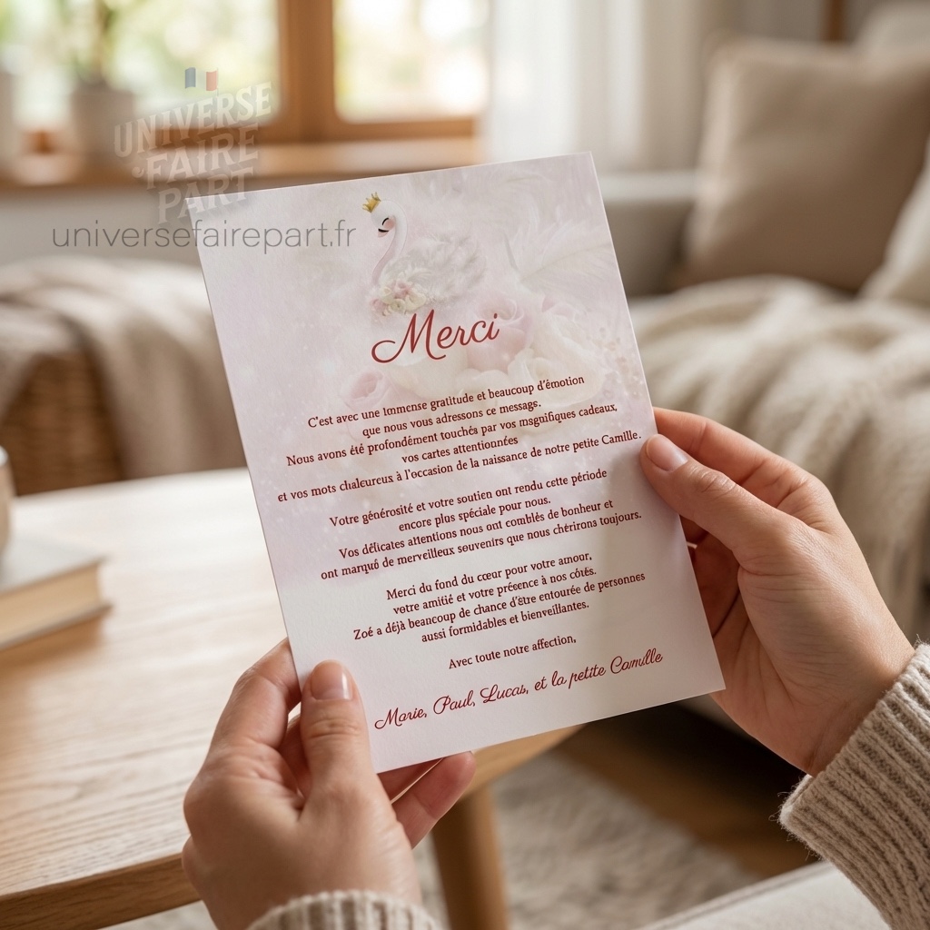 N°389.3 – Carte remerciement invitation Cygne rose poudrée