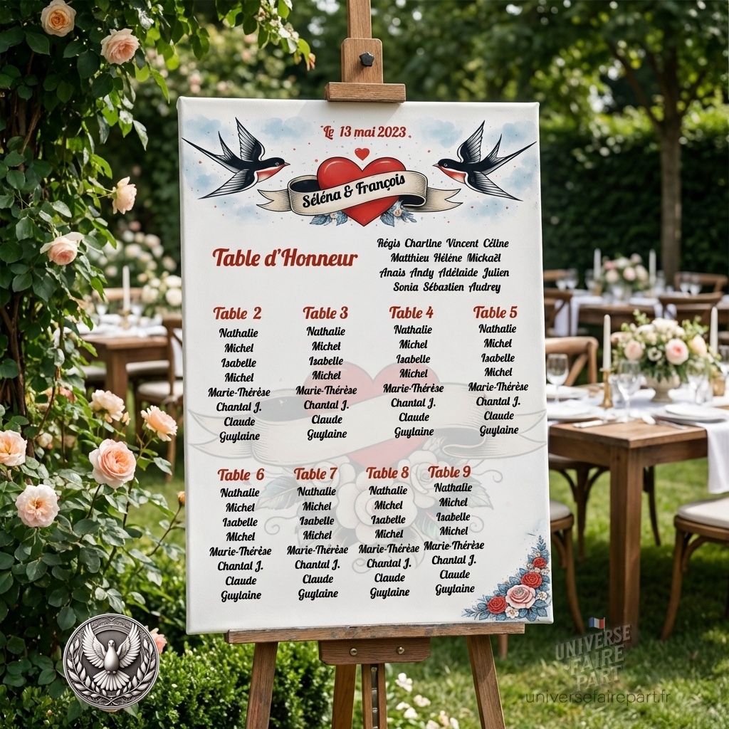 N°269.8 – Plan de table Rockabilly rétro colombes Mariage