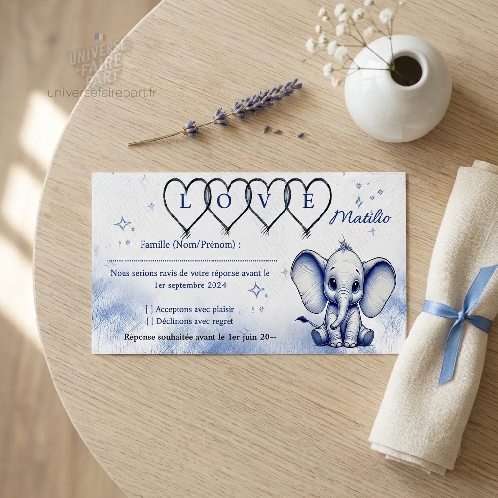 N°68.1 –  Carton réponse  Faire-part baptême ou naissance Dumbo Dessiné