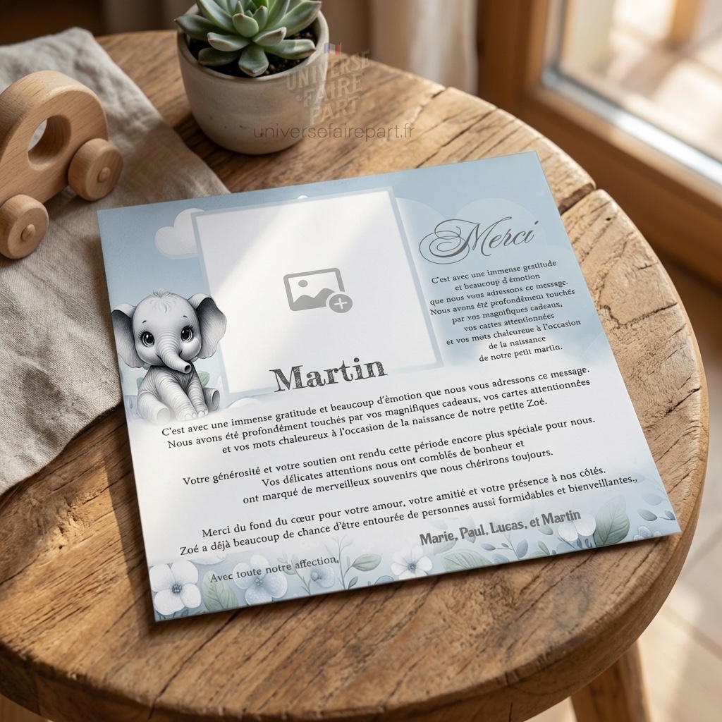 N°329,1 – Carte remerciement Petit éléphant Dumbo bleu et blanc