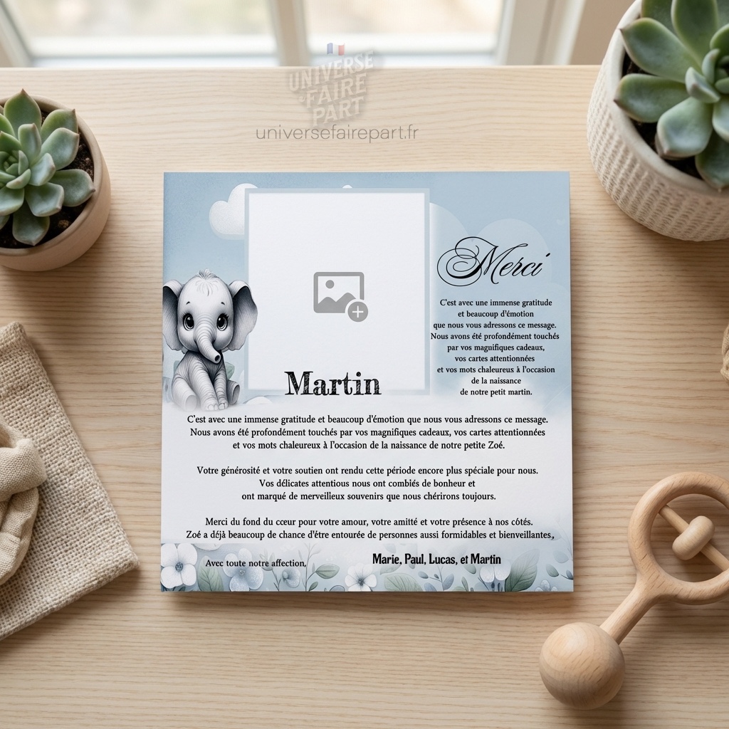 N°329,1 – Carte remerciement Petit éléphant Dumbo bleu et blanc