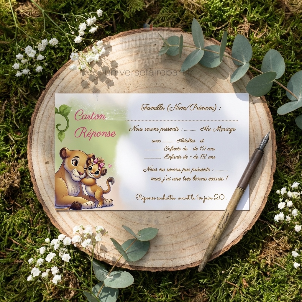 N°354.1 – Carton réponse invitation petit baby lion lionnes safari Jungle