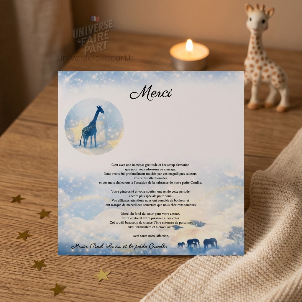 N°335.1 – Carte remerciement invitation bleu roi lion savane Simba girafe