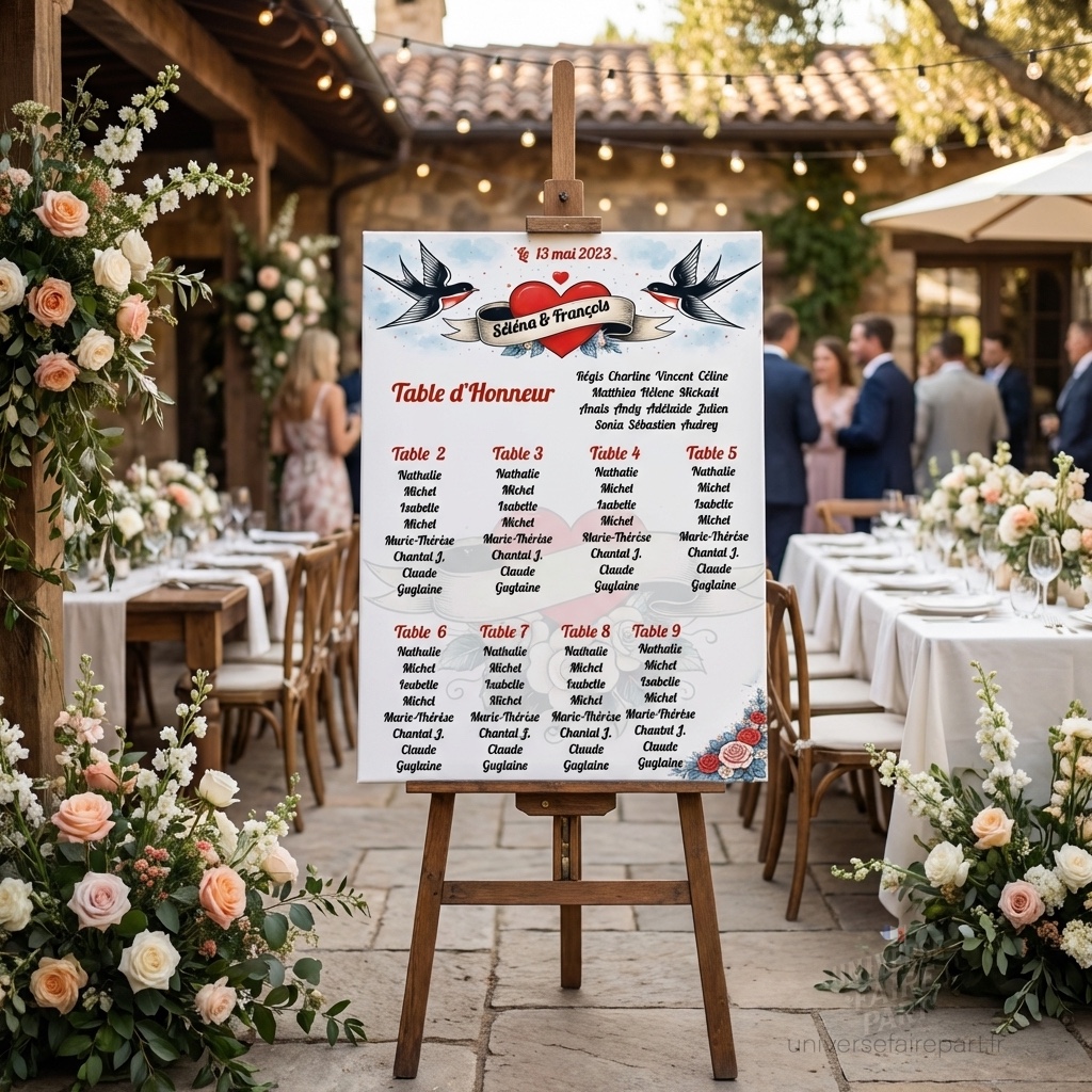 N°269.8 – Plan de table Rockabilly rétro colombes Mariage