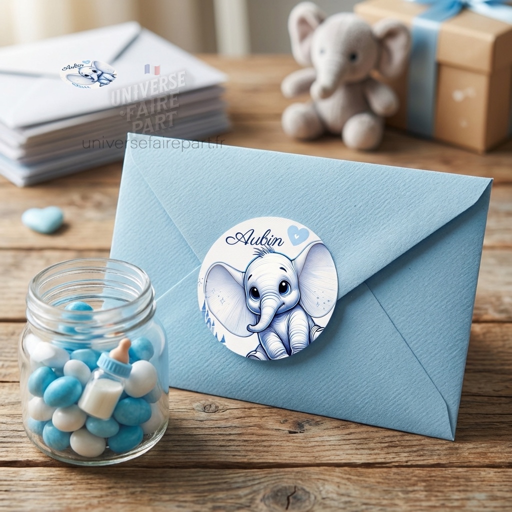 N°68.2 –  Rond collant Faire-part baptême ou naissance Dumbo Dessiné