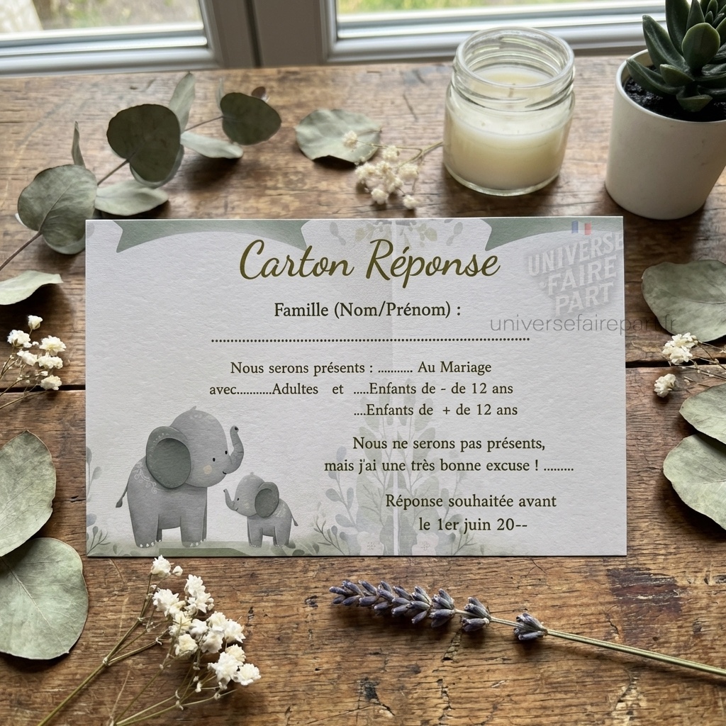 N°110.2 – Carton réponse vert pastel Tendre Baptême bébé éléphant