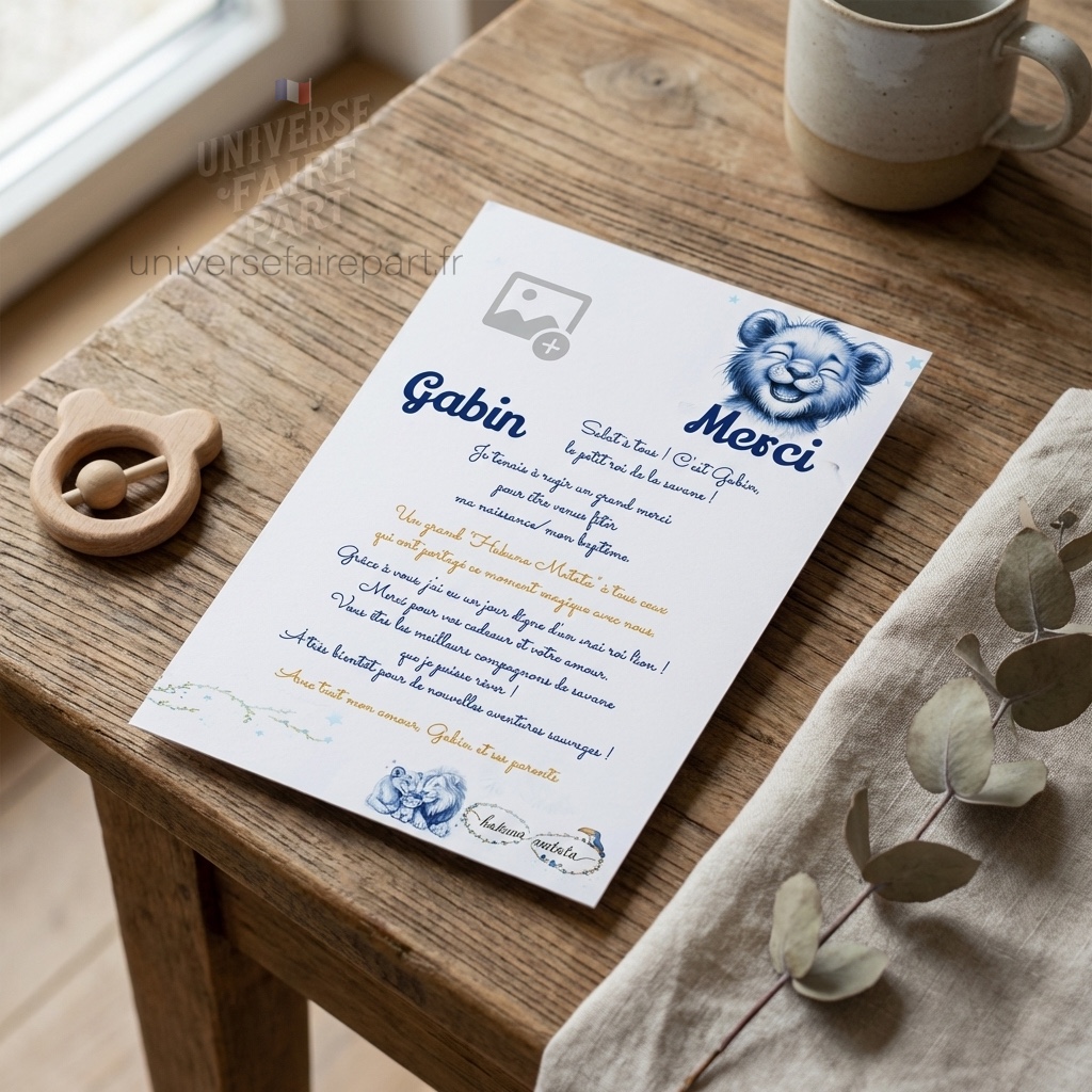 N°534.2- Carte remerciement original Roi Lion crayonné en bleu  pour naissance ou Baptême